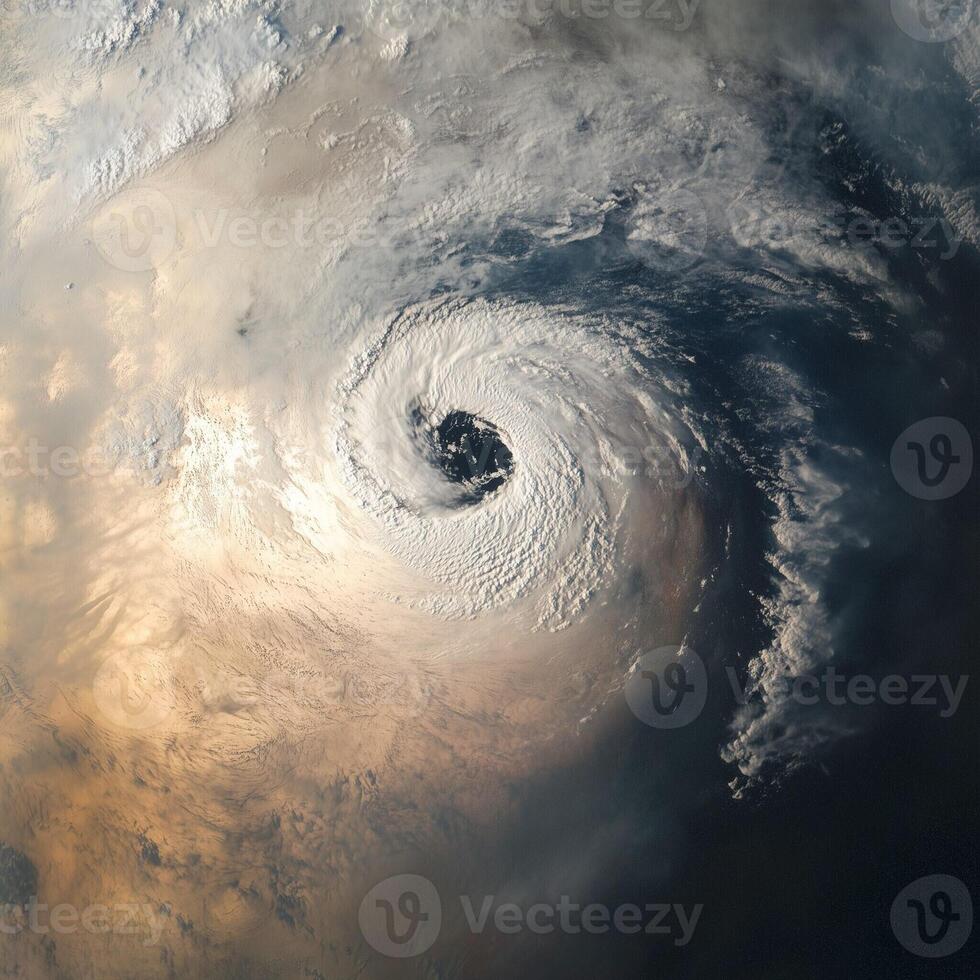 High-altitude view of a massive rotating cyclone over the ocean with swirling clouds and powerful winds photo