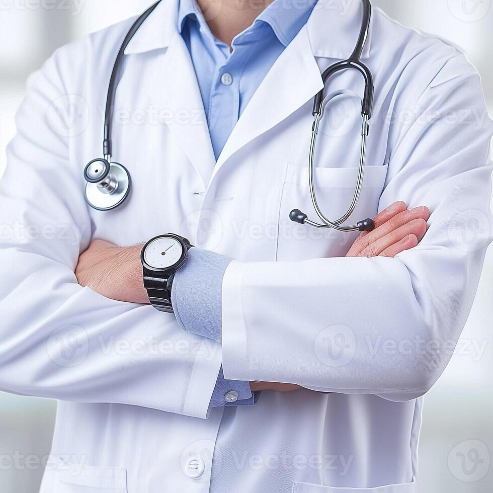 Close-up of a doctor with arms crossed wearing a white coat and stethoscope in a medical environment photo