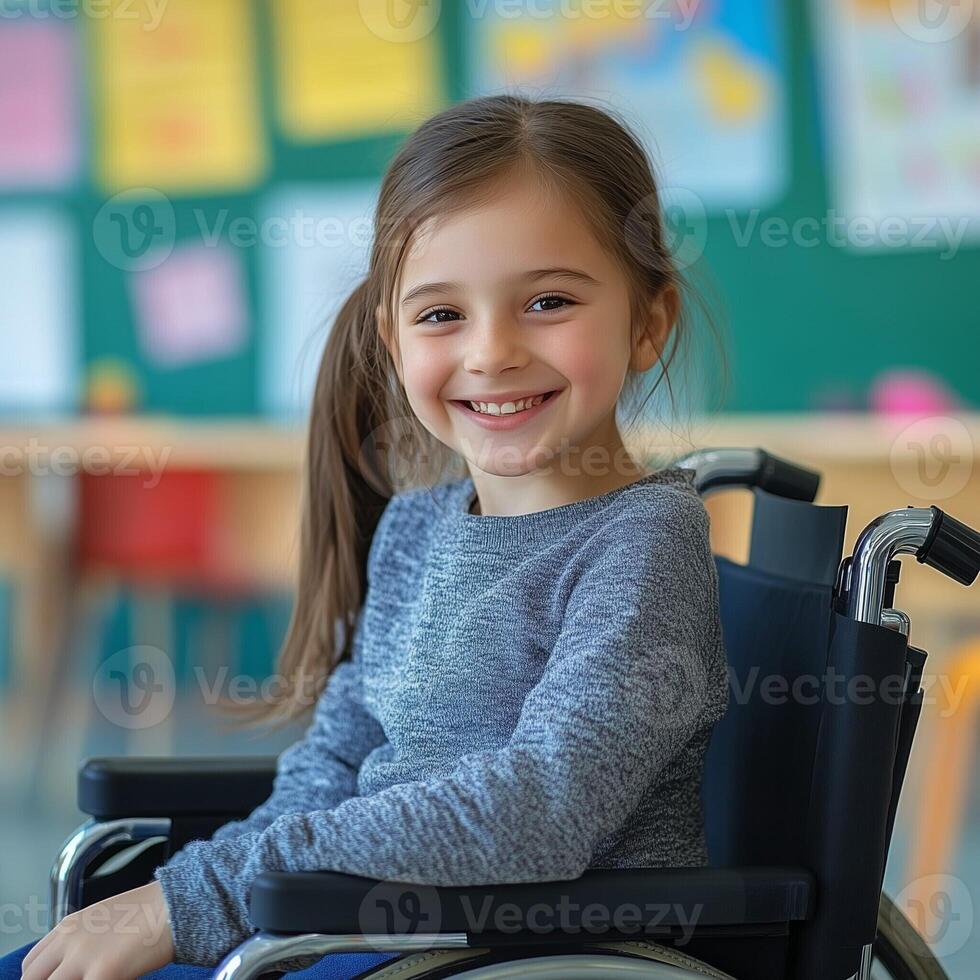Smiling young girl in a wheelchair in a classroom setting representing inclusion and positivity in education photo