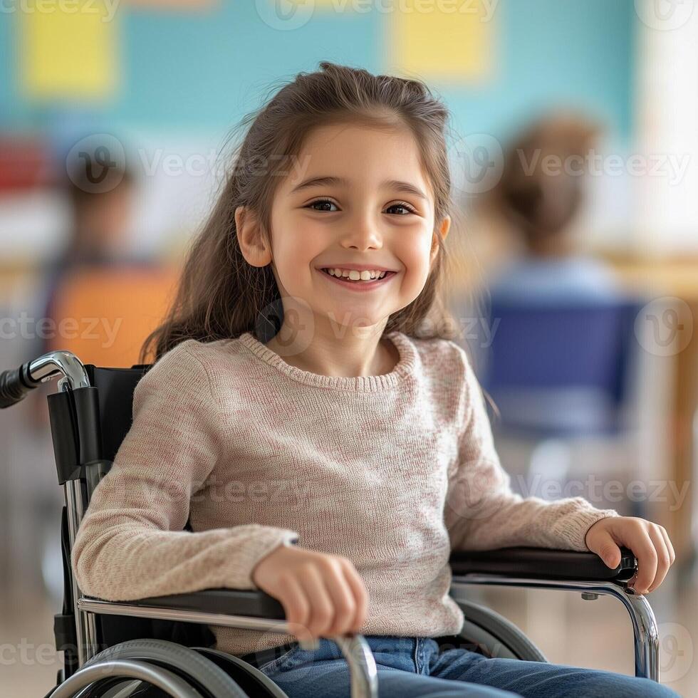 Smiling young girl in a wheelchair in a classroom environment representing inclusion and positivity in education photo