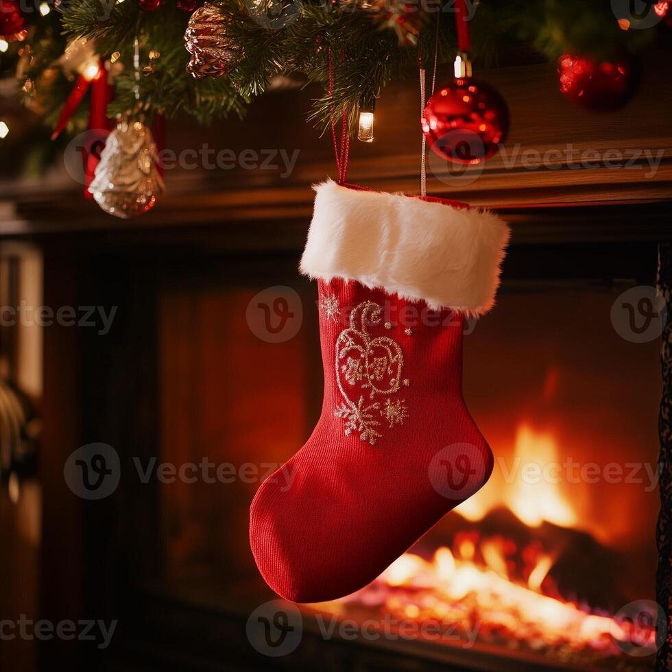 Cozy Christmas fireplace with a red stocking hanging and festive ornaments decorating the mantle photo