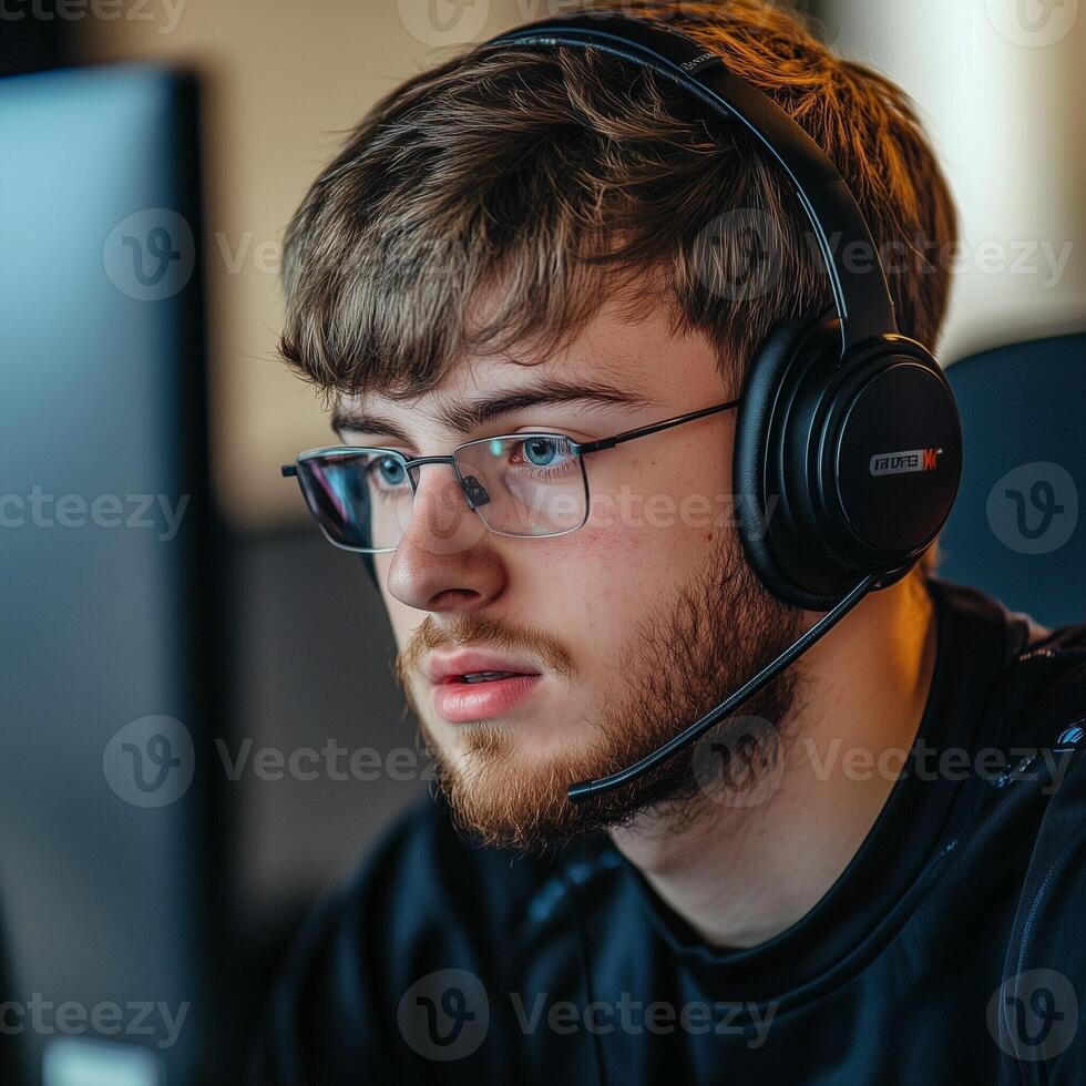 Focused young man wearing headphones and glasses working at a computer in a modern tech environment photo