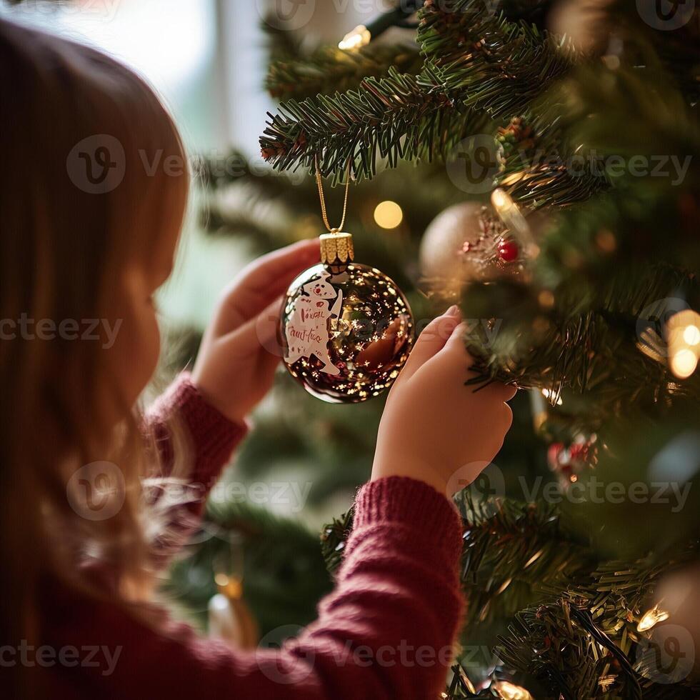 Child decorating a Christmas tree with a festive ornament, creating a warm and joyful holiday atmosphere at home photo