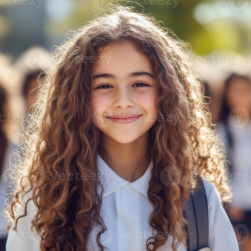 Smiling curly haired girl in a school uniform outdoors on a sunny day with a cheerful expression photo