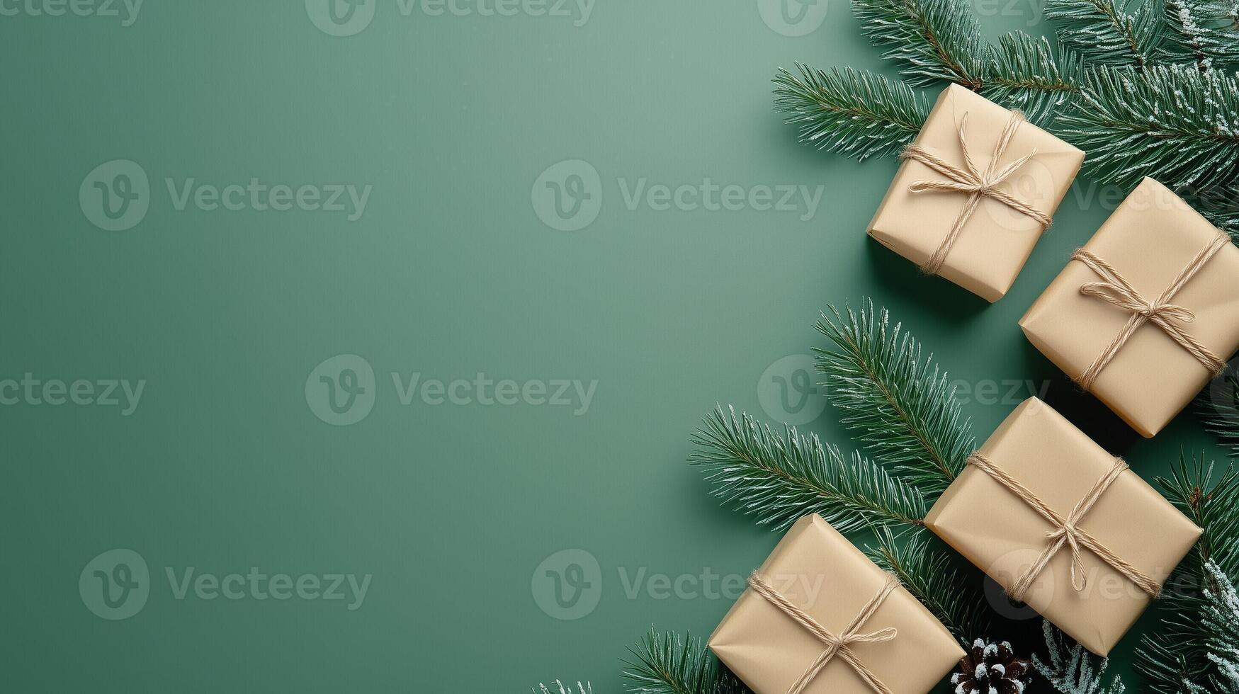 Minimalist Merry Christmas and Happy New Year greeting card or web banner with gift boxes, copy space, natural pine branches on a green background representing Christmas celebrations. Minimal art photo