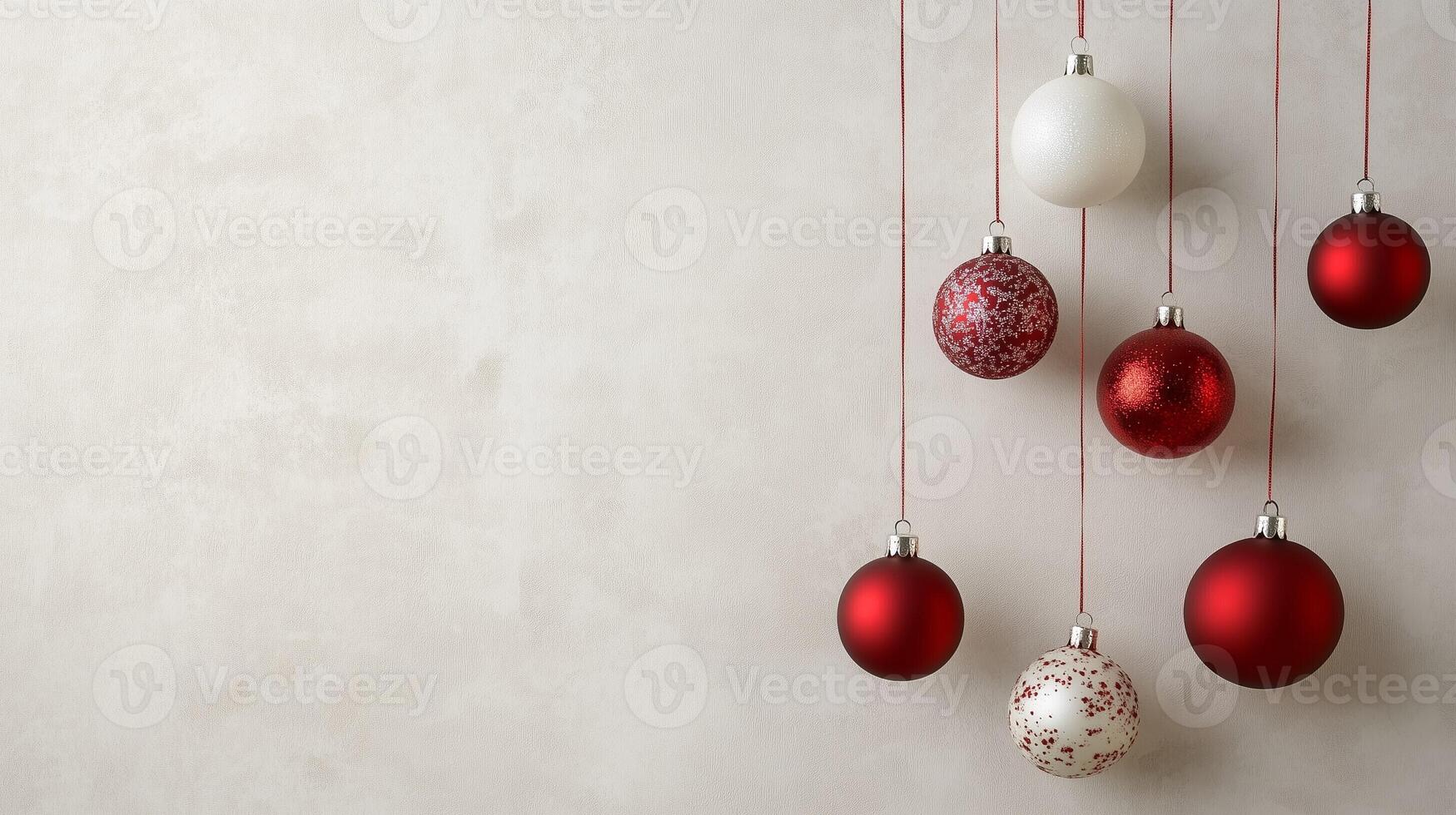 Merry Christmas and Happy New Year greeting card or web banner. Modern beautiful Xmas design with Christmas ornaments hanging, copy space for text, festive holiday lights and bokeh background. photo