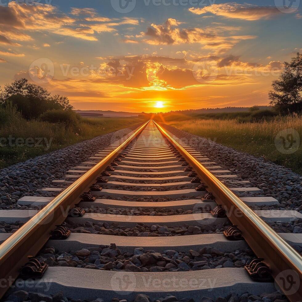 Railroad tracks extending into the horizon at sunset, casting a golden glow across the landscape photo
