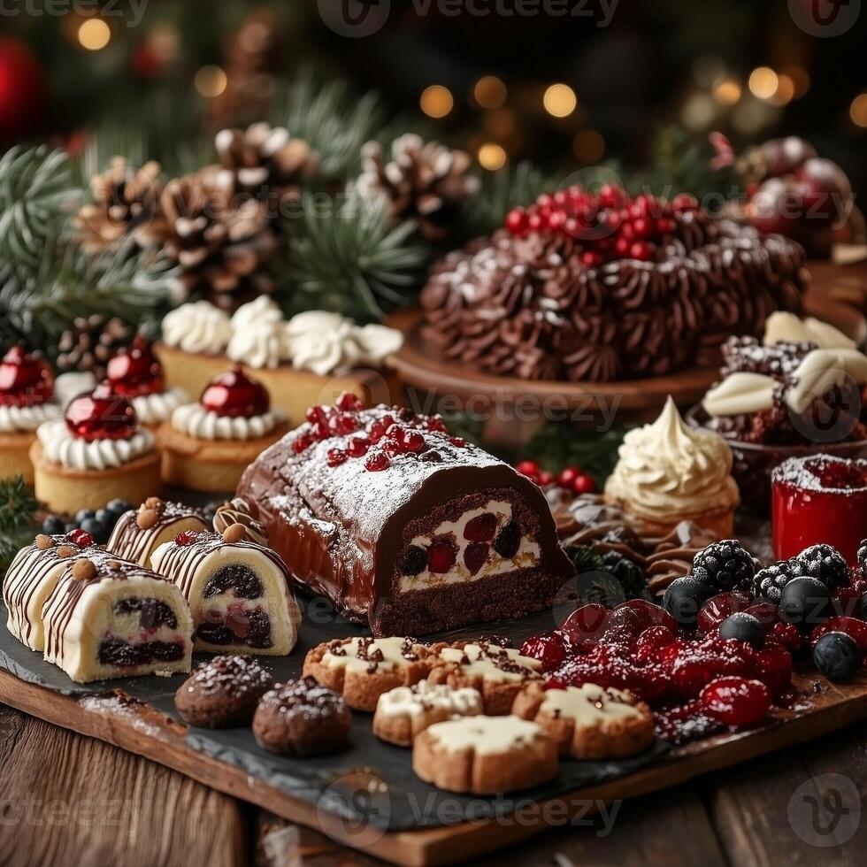 Festive Christmas dessert spread with yule log, cookies, cakes, and berries on a rustic table photo