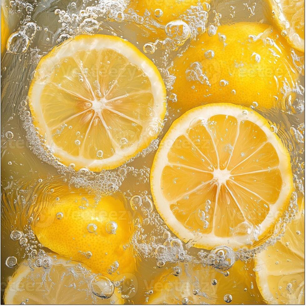 Refreshing slices of lemon in water with bubbles, showcasing vibrant citrus freshness and effervescence photo