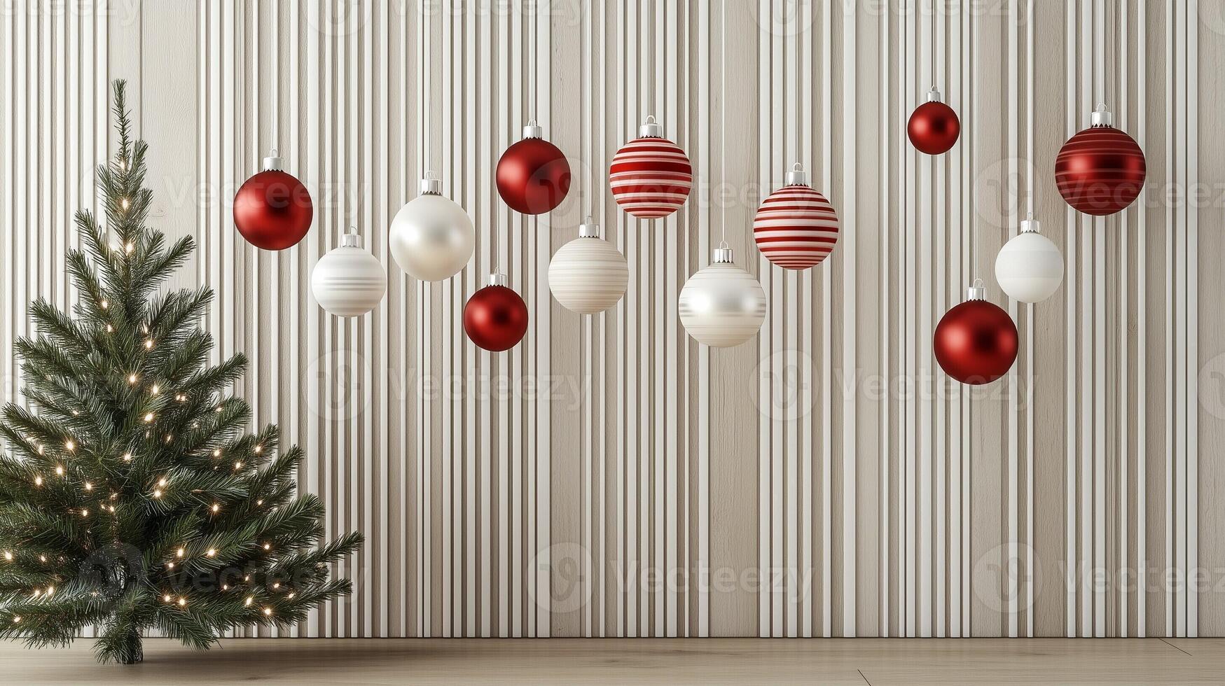 Christmas tree with red and white baubles hanging against a minimalist modern interior background photo