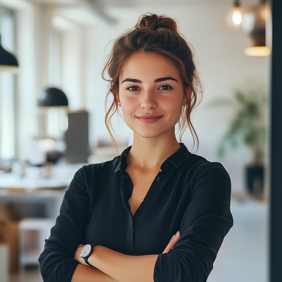 Smiling young woman in a black shirt with arms crossed in a modern, well lit office environment photo