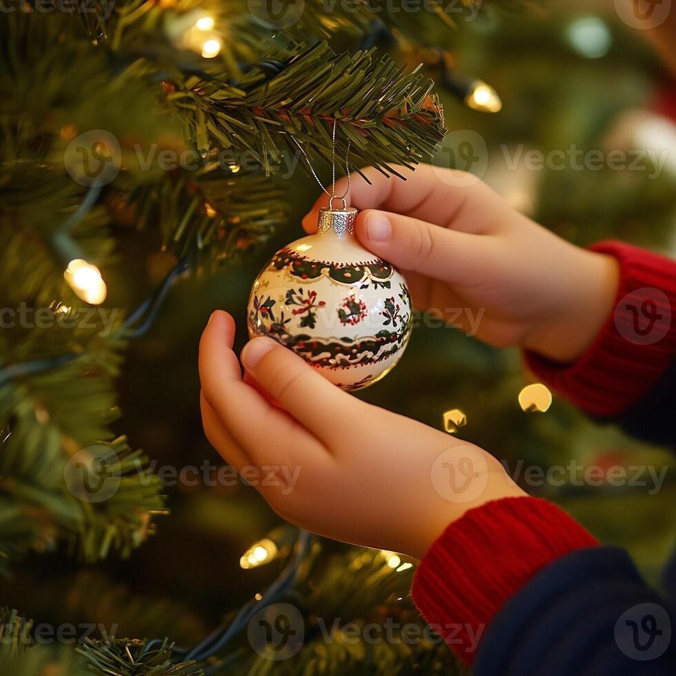 Child decorating a Christmas tree with a handcrafted bauble, creating a warm and festive holiday atmosphere photo