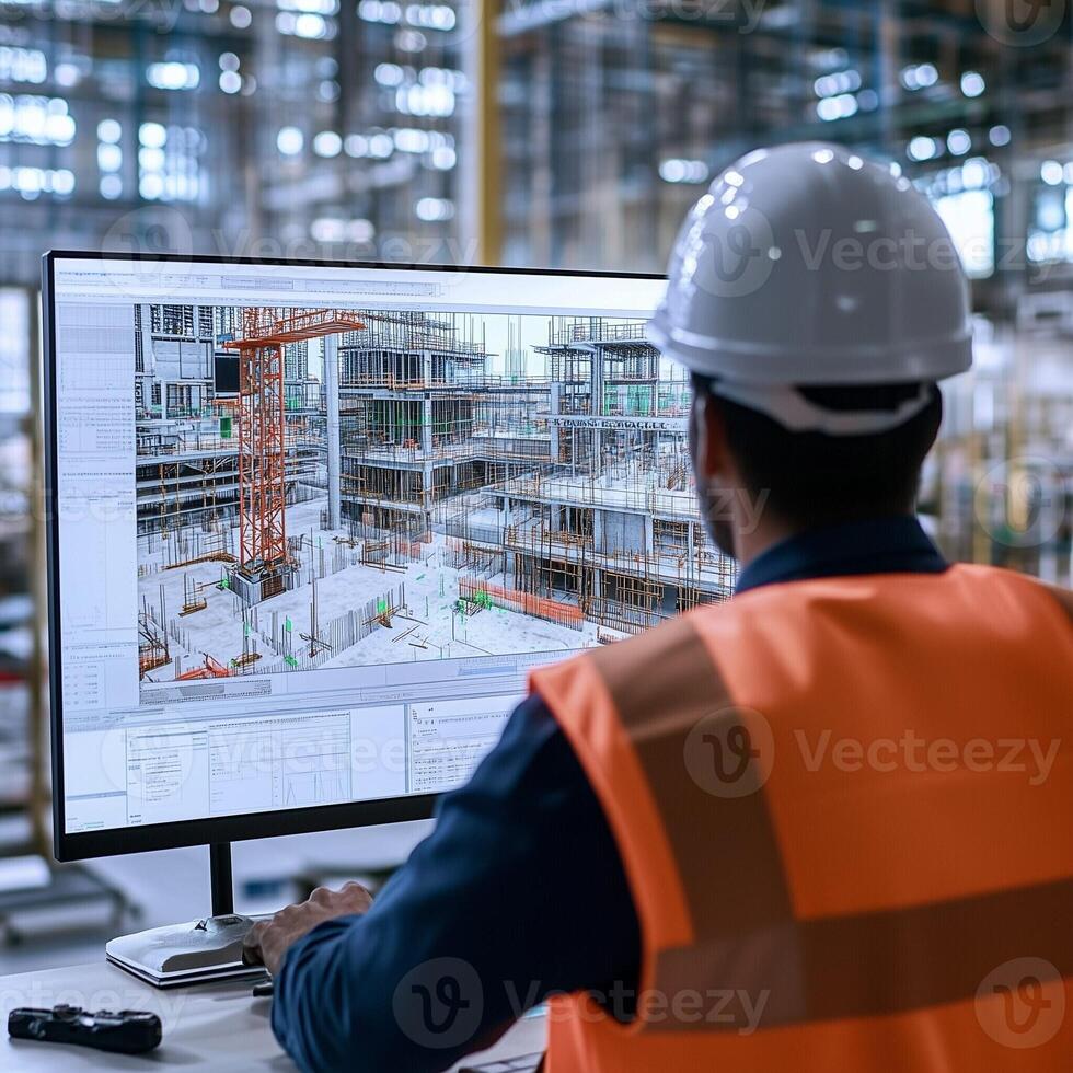 Construction engineer working on building project using CAD software on a computer in a modern industrial setting photo