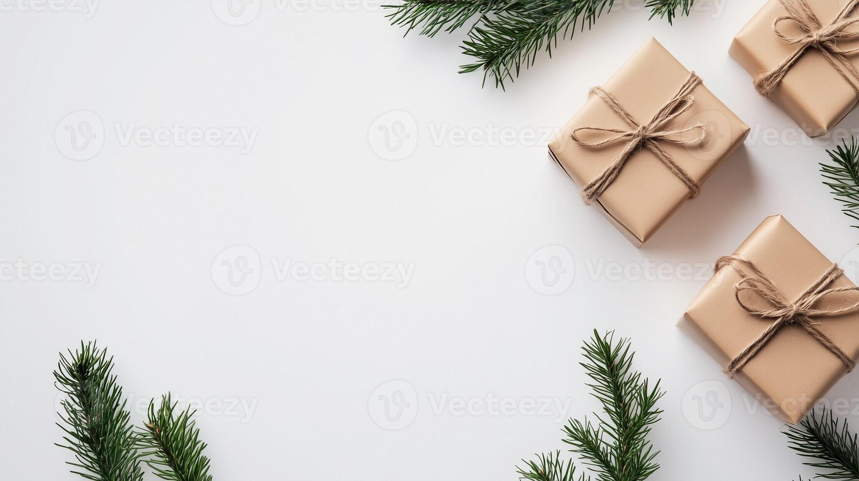 Minimalist Merry Christmas and Happy New Year greeting card or web banner with gift boxes, pine branches on a white background representing minimalist Christmas decor. Minimal art banner, poster photo