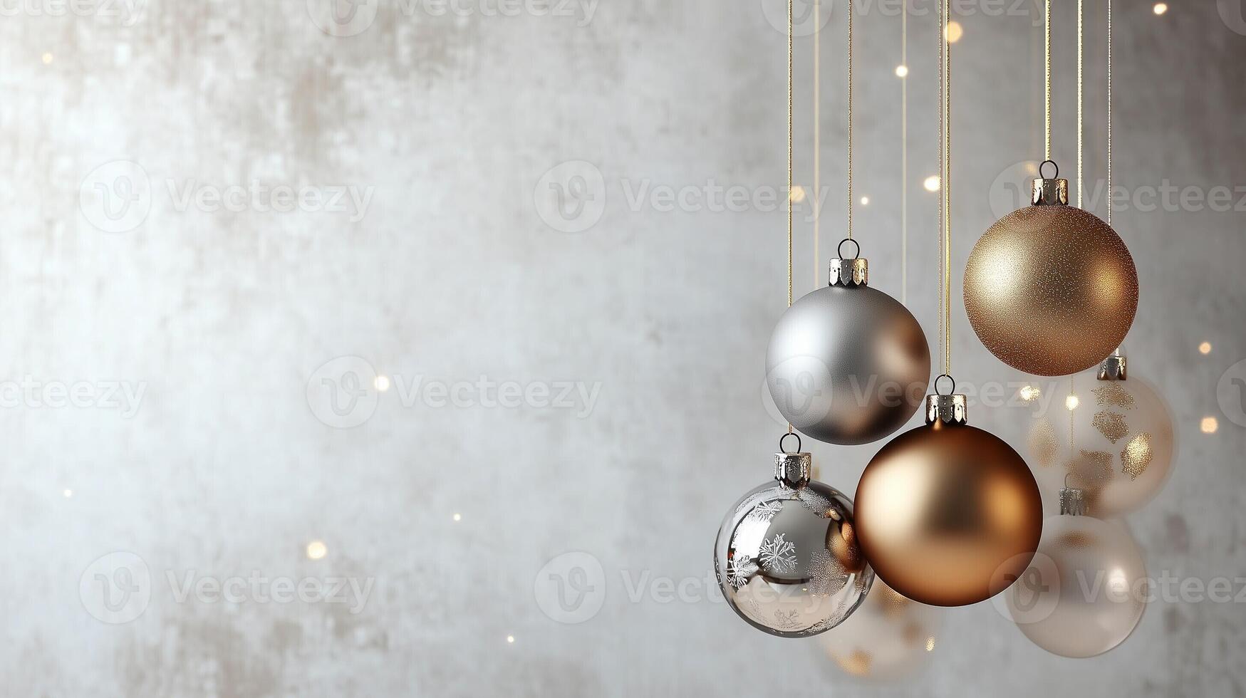 Merry Christmas and Happy New Year greeting card or web banner. Modern beautiful Xmas design with Christmas ornaments hanging, copy space for text, festive holiday lights and bokeh background. photo