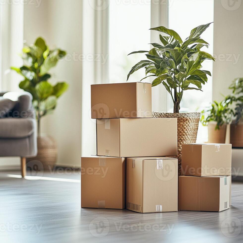 Stack of cardboard boxes in a bright modern living room surrounded by houseplants, symbolizing moving or delivery photo