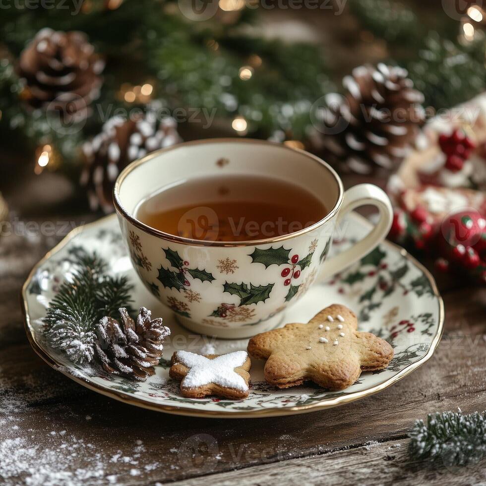Christmas tea in a decorated cup with star-shaped cookies and pinecones on a festive table with holiday decor photo