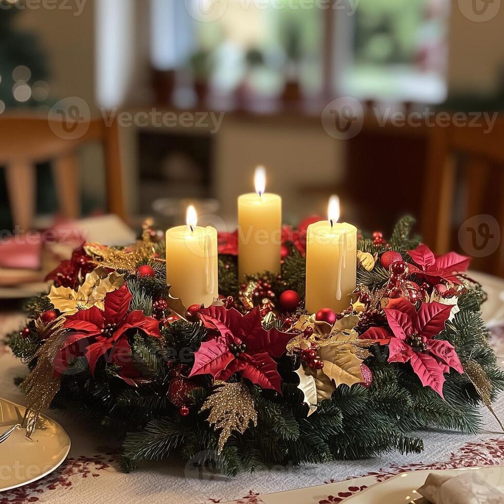 Elegant Christmas table centerpiece with glowing candles, poinsettias, and festive greenery, creating a warm holiday atmosphere photo