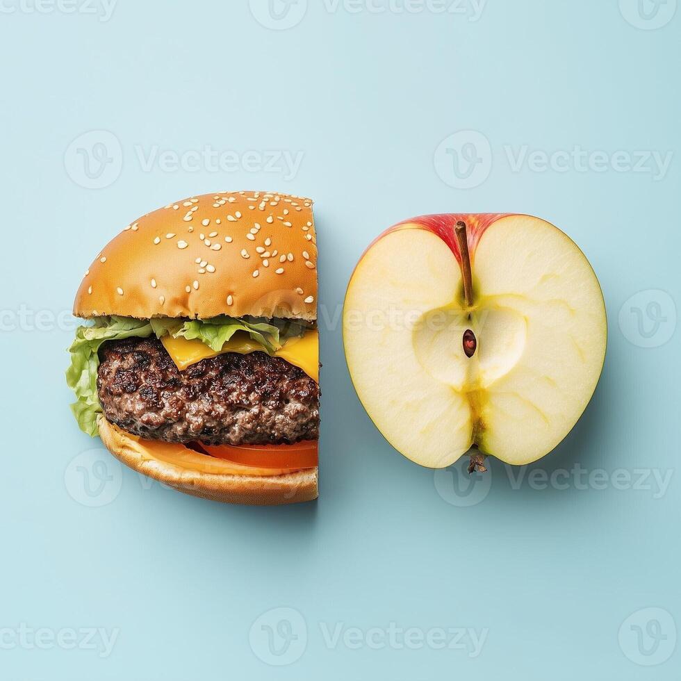 Creative composition of a hamburger and an apple half on a light blue background contrasting fast food and healthy eating photo