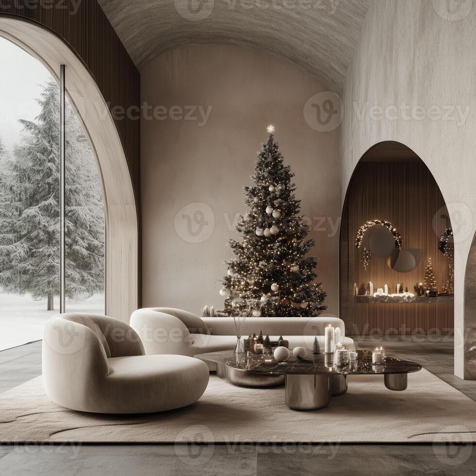 Modern minimalist Christmas living room with a decorated tree, arched windows, and elegant furnishings photo