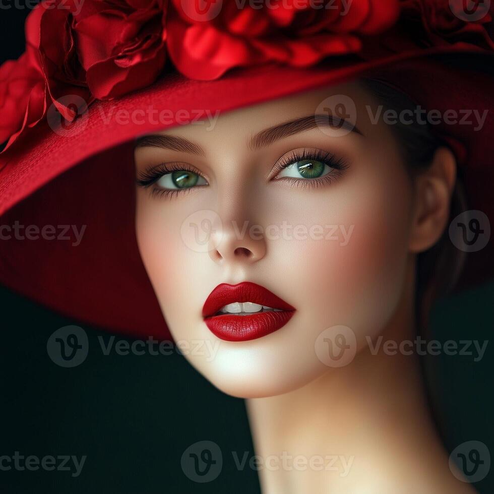 Elegant portrait of a woman in a red hat with bold makeup and vibrant flowers in a glamorous style photo