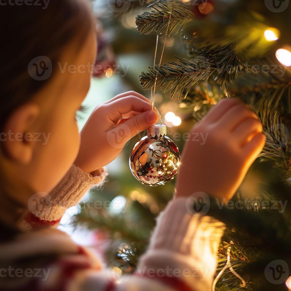 Child hanging a Christmas ornament on the tree, creating a festive and cozy holiday atmosphere with warm lights photo