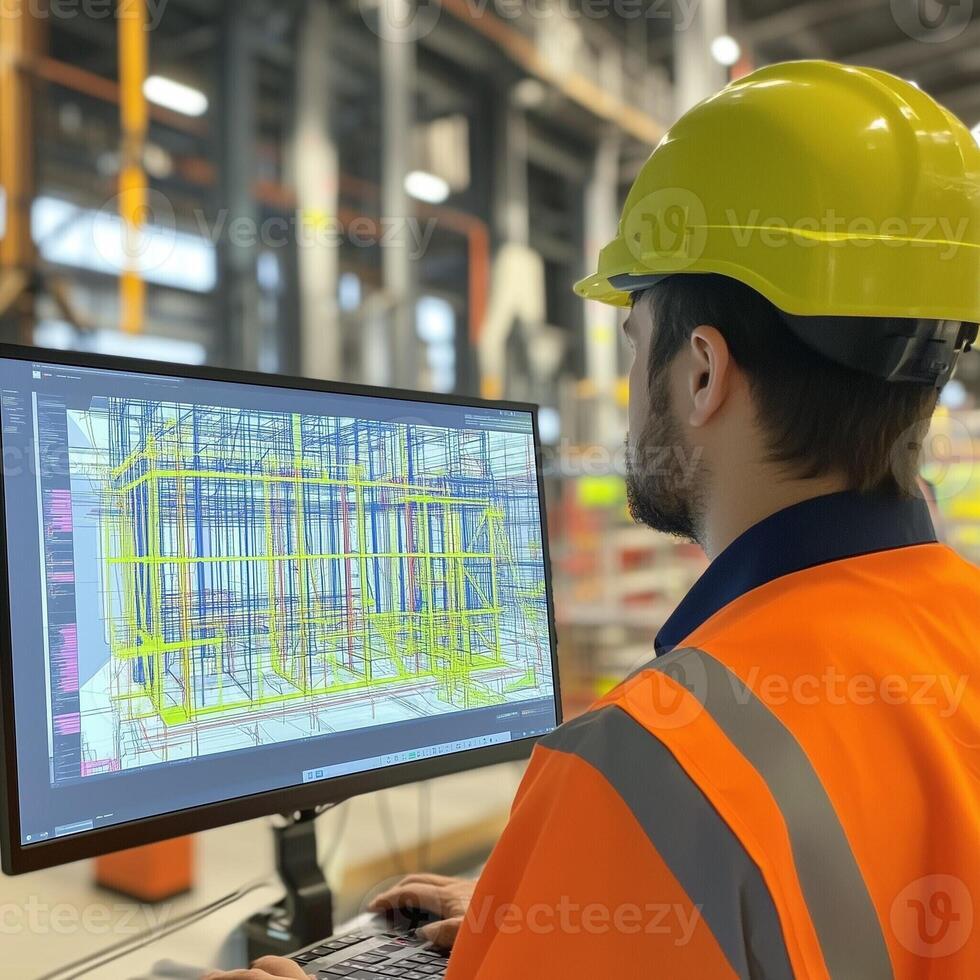 Construction worker using advanced CAD software for building design on a computer at a modern industrial site photo