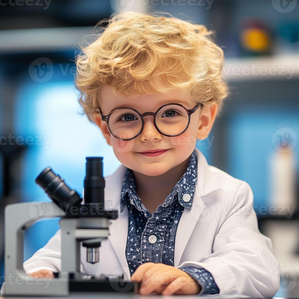 Cute young boy wearing glasses and a lab coat while using a microscope in a modern science laboratory photo