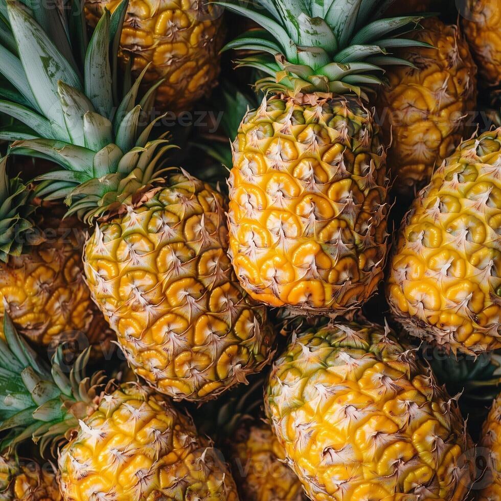 A pile of fresh whole pineapples with vibrant yellow skins and green leaves, showcasing tropical abundance photo