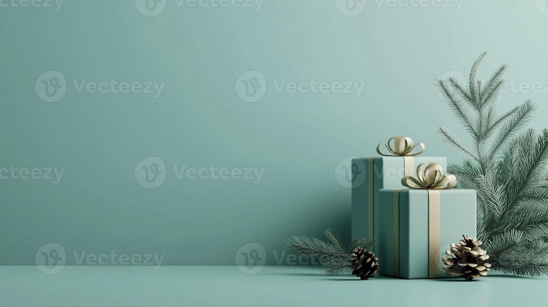 Minimalist Merry Christmas and Happy New Year greeting card or web banner with elegant gift boxes, pinecones, branches and copy space for text on a light green background. Winter holiday decor photo