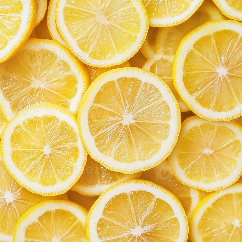 Bright and fresh lemon slices arranged in a vibrant pattern, showcasing citrus fruit freshness and color photo