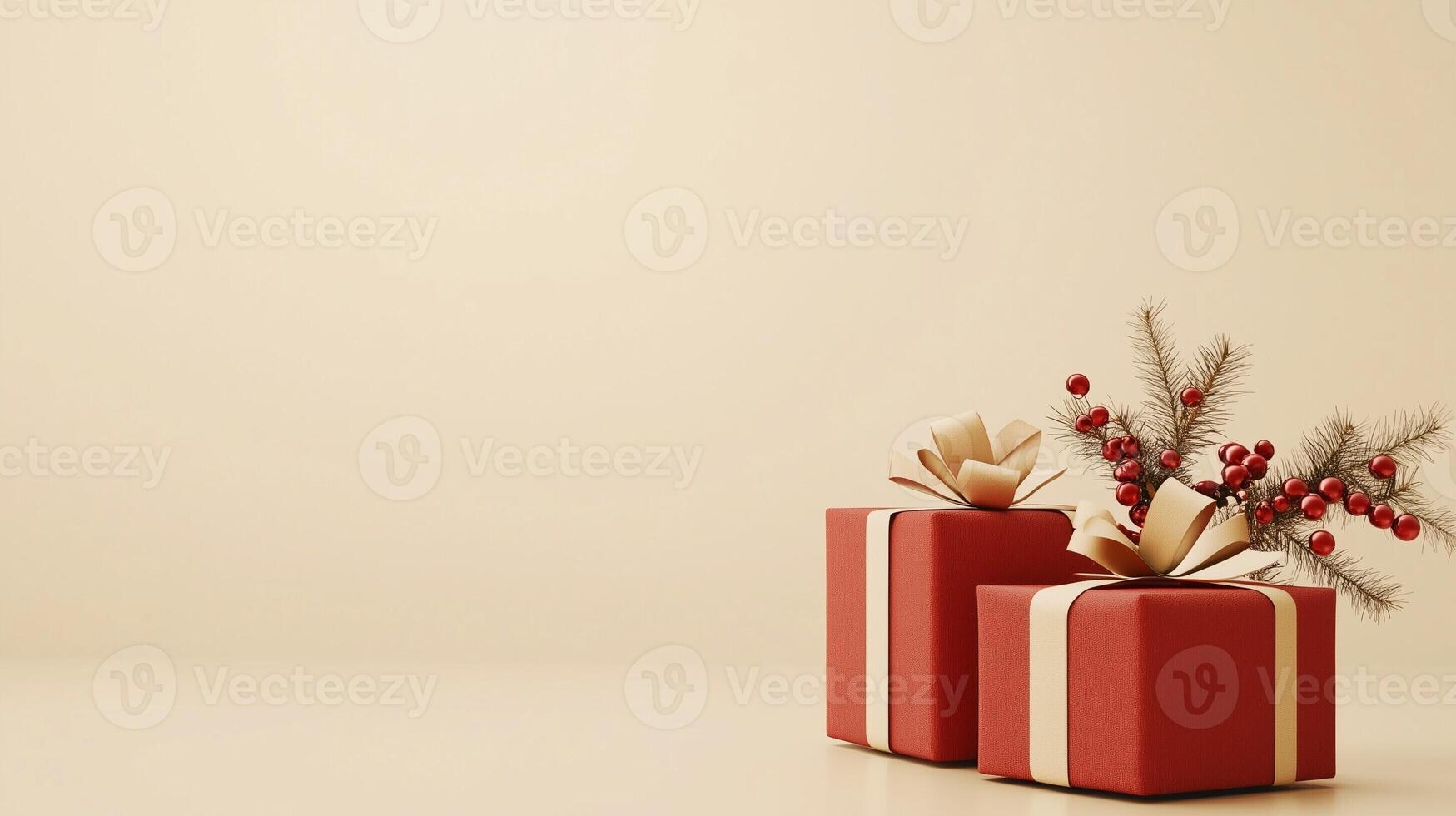 Festive greeting card with red and gold gift boxes, festive decorations copy space for text on a simple beige background for holiday celebrations. Minimal art banner, poster, cover template photo