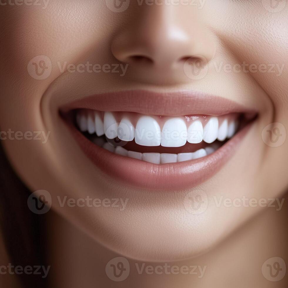 Close-up of a smiling woman showing white teeth and smooth lips with radiant and healthy skin photo