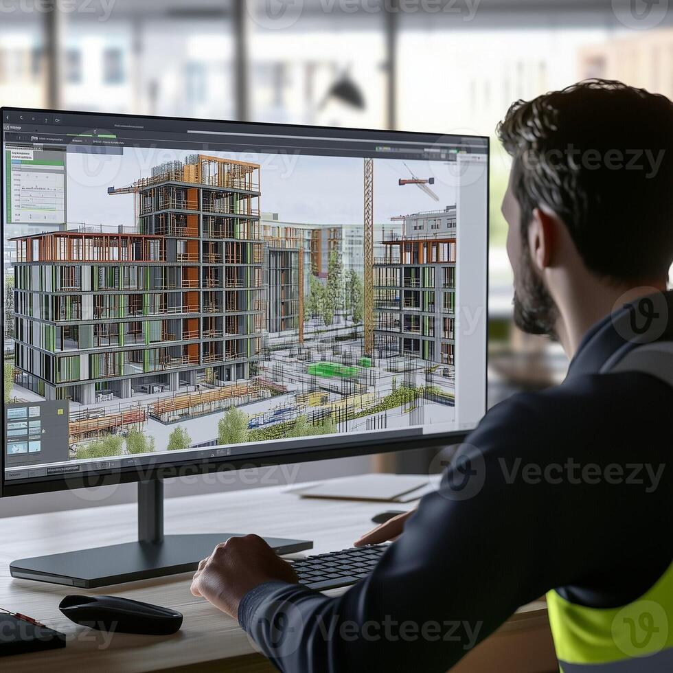 Architect designing modern residential buildings using CAD software on a computer in an urban office environment photo