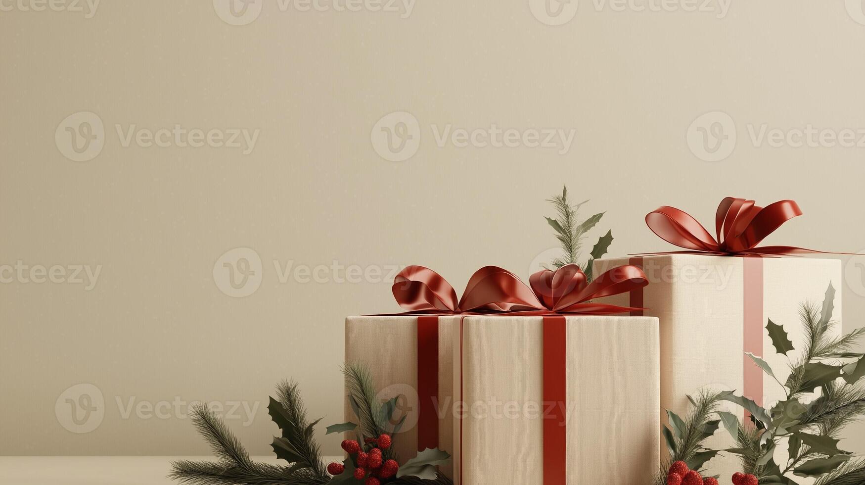 Christmas banner with elegant gift boxes with red ribbons, copy space for text and festive greenery on a neutral background for Christmas celebrations. Minimal art banner, poster, cover template photo
