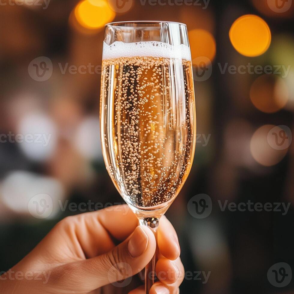 Close-up of a hand holding a champagne glass with sparkling bubbles in a warm festive atmosphere photo