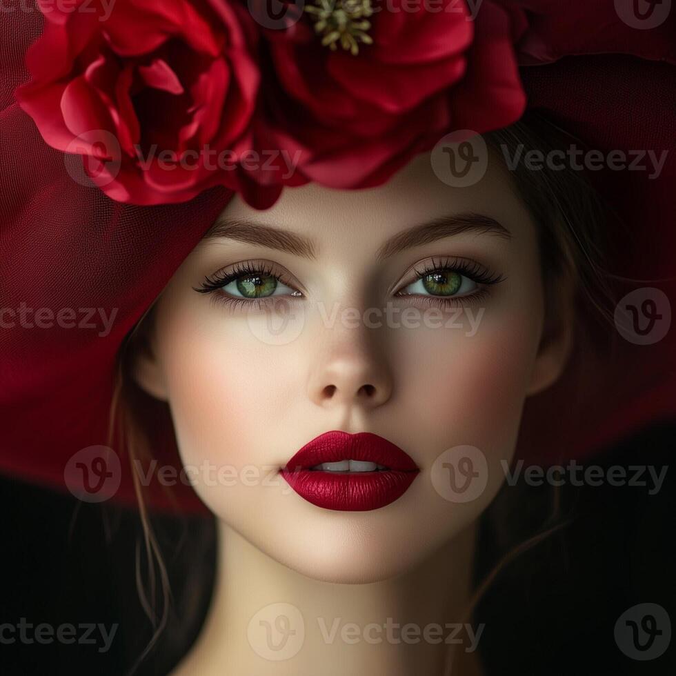 Elegant portrait of a woman with bold red lipstick and a red floral hat in a classic fashion style photo