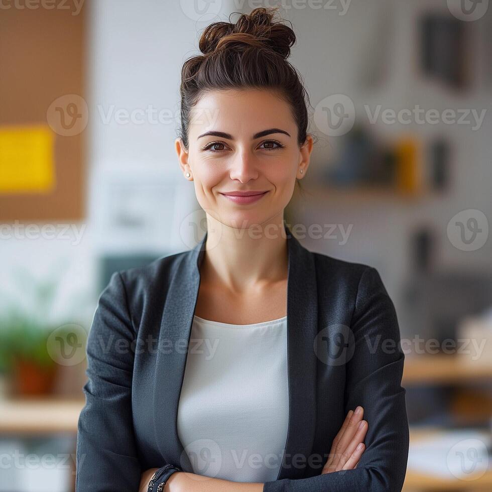 Confident professional woman in a business suit smiling with arms crossed in a modern office environment photo