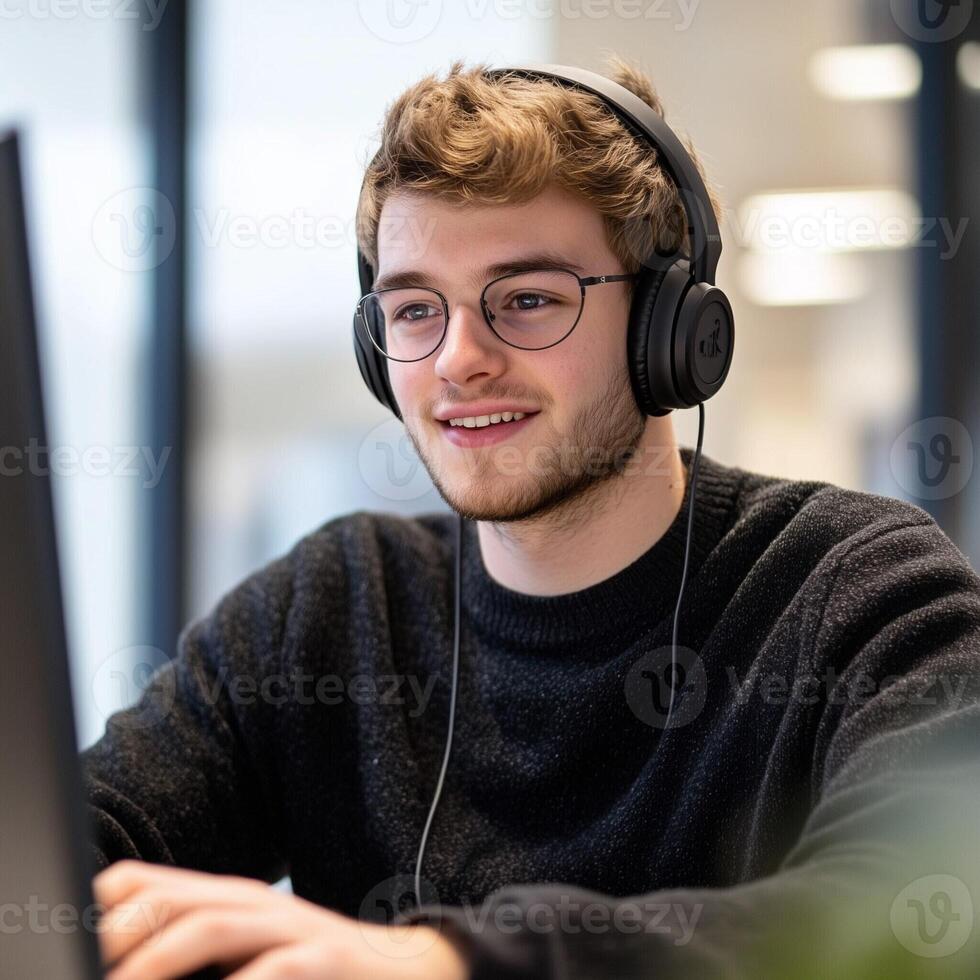 Smiling young man with glasses and headphones working at a computer in a modern office setting photo