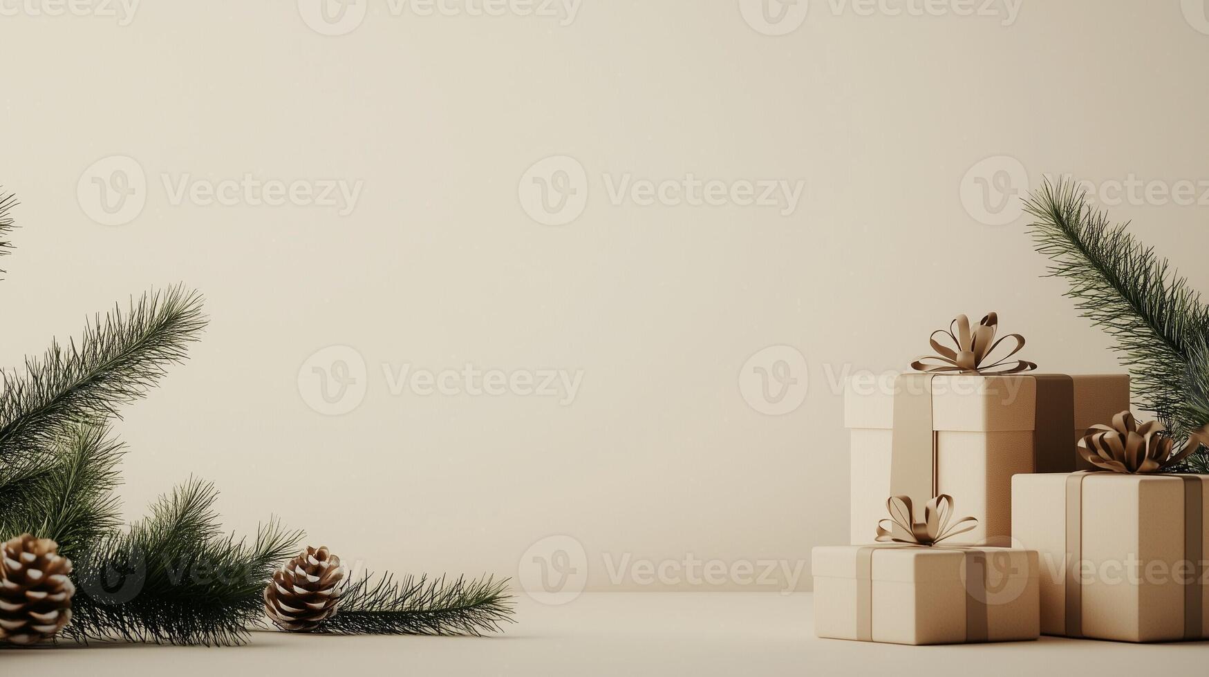 Minimalist Christmas gift boxes with pine branches and pinecones, copy space for text on a beige background for seasonal decor photo