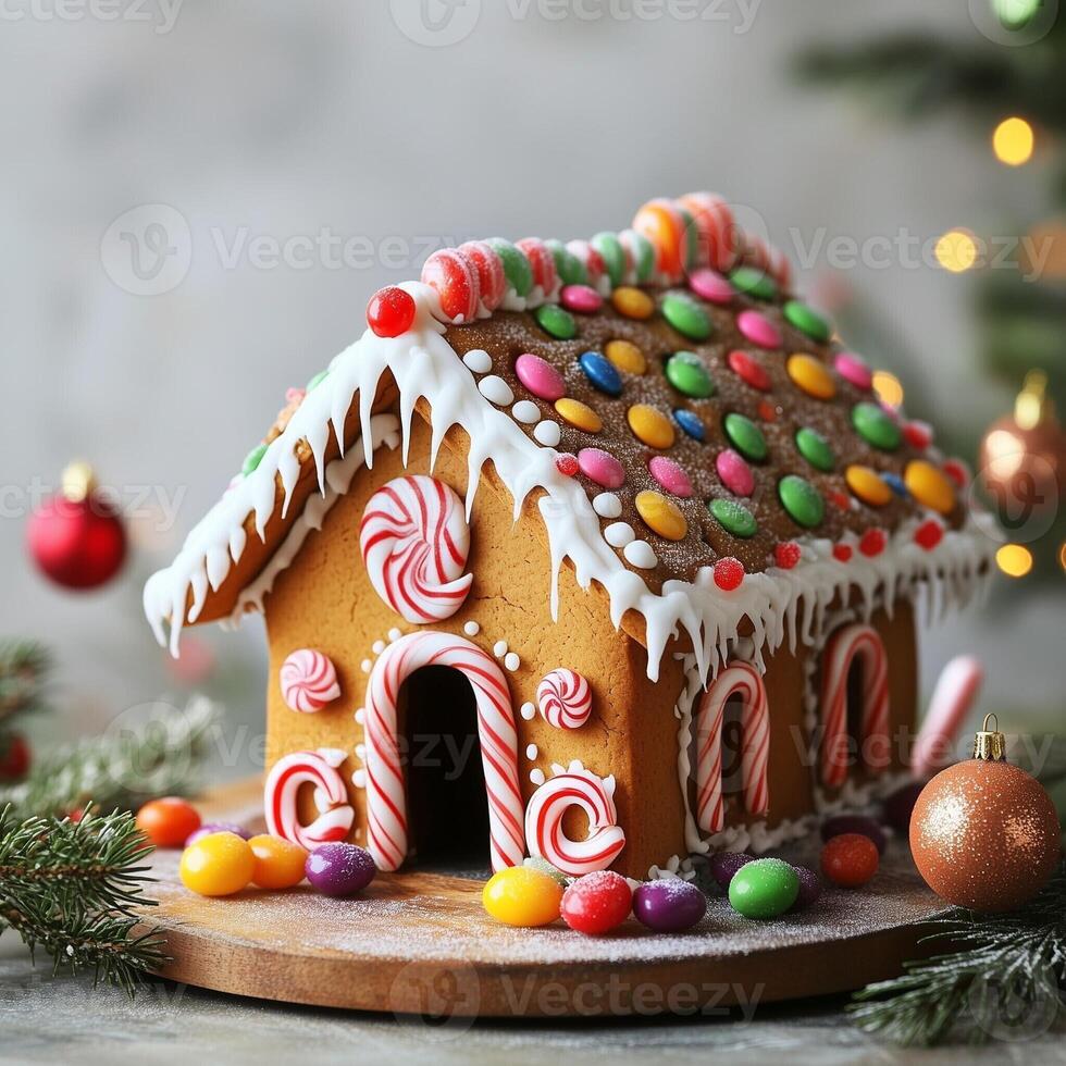 Colorful gingerbread house with candy decorations and icing details, set in a festive Christmas scene photo