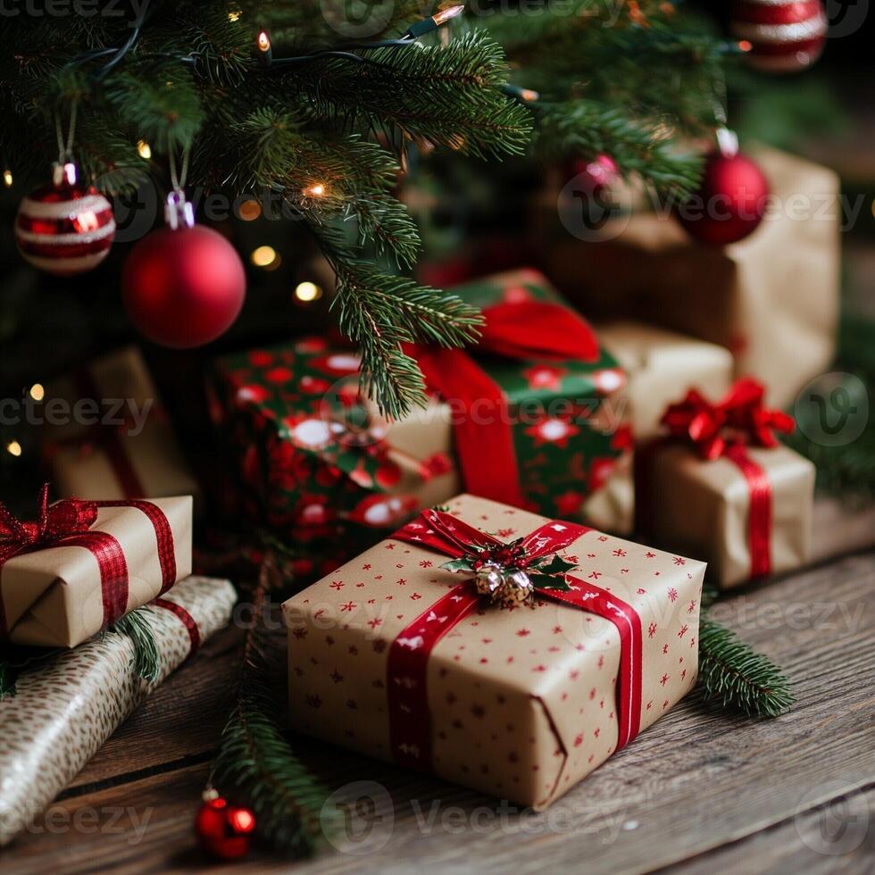 Beautifully wrapped Christmas presents with red ribbons under a festive tree decorated with ornaments photo