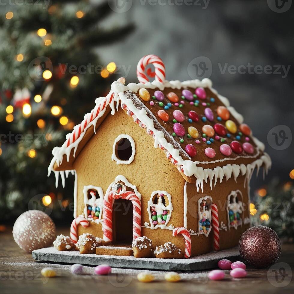Festive gingerbread house decorated with colorful candies and icing in a cozy Christmas setting photo