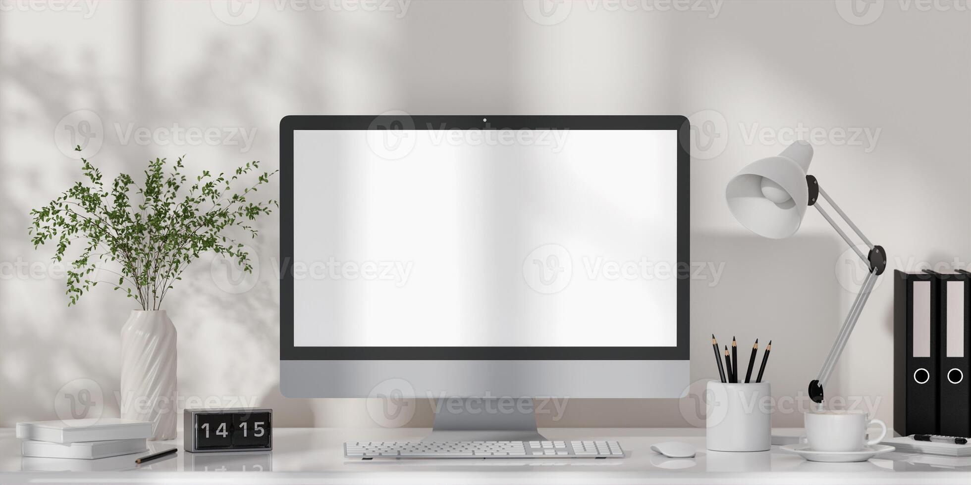 Minimalist Workspace with Desktop Computer and Plant - Home Office Setup 3D rendering photo