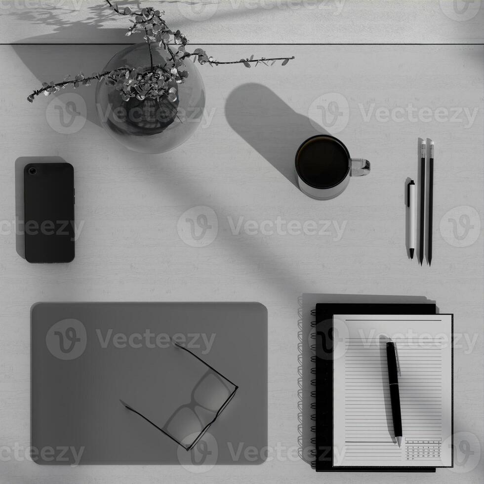 Top View of Minimalist Desk with Notebook and Coffee - Organized Workspace 3D rendering photo
