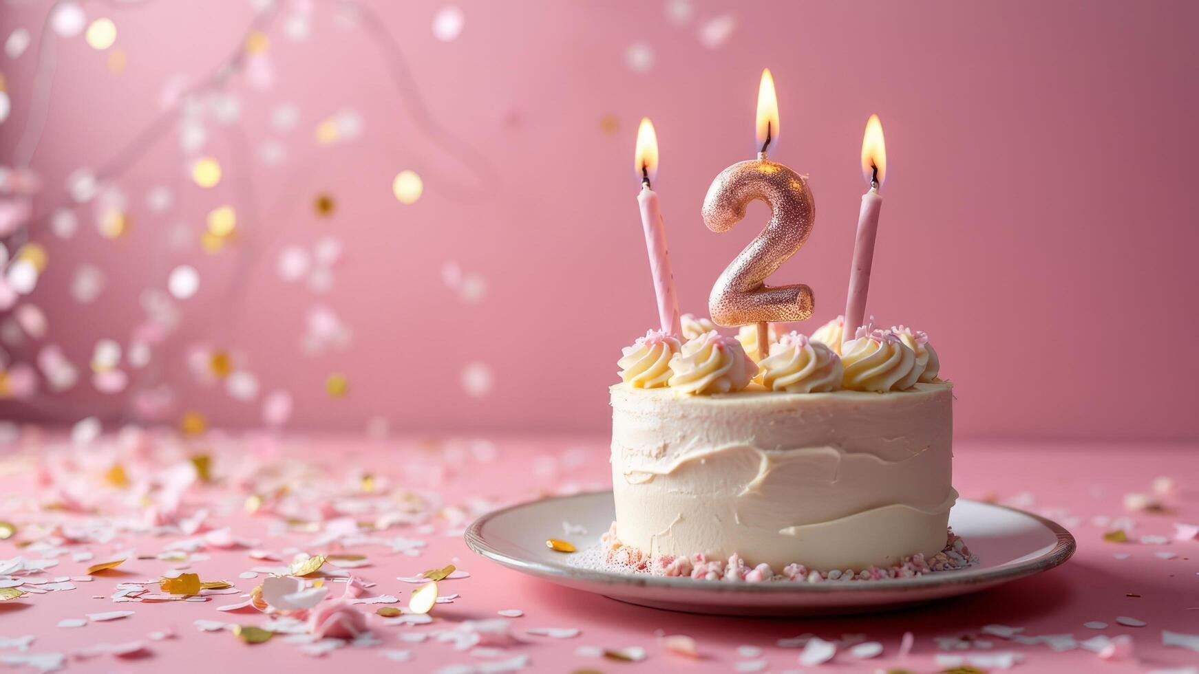 A festive celebration of the third birthday with a cake and confetti in pink pastel colors, a candle with the number 2 on the cake. photo
