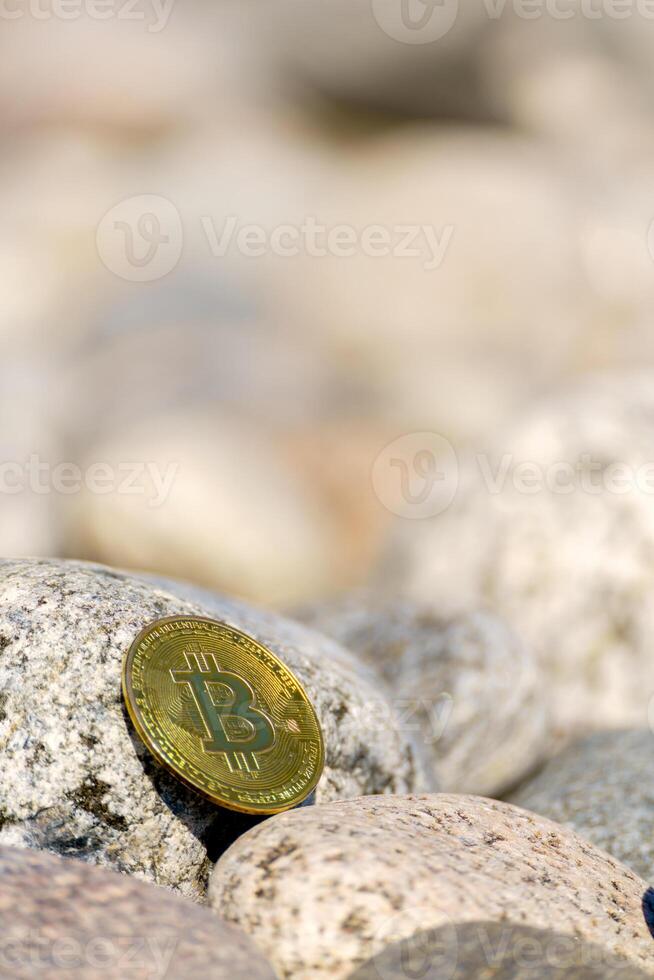 Golden bitcoin coin in natural stones. New financial system. photo