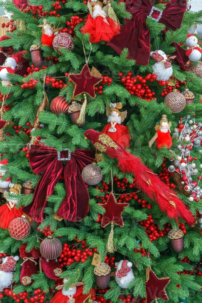 Red decorations on the branches of a green Christmas tree. Festive background. photo
