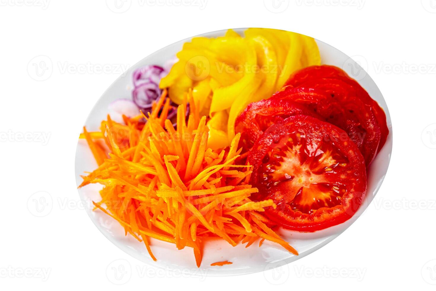 salad fresh vegetables cut into a plate tomato, carrot, pepper, onion juicy fresh gourmet food background on the table rustic food top view copy space keto and paleo diet Vegetarian and vegan photo