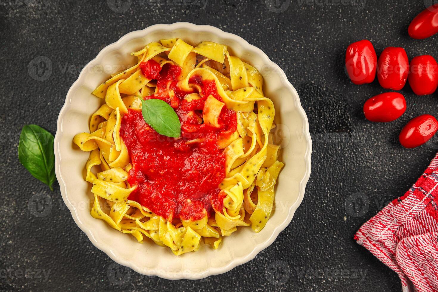 Pasta tagliatelle tomato sauce second course tasty food dish fresh delicious gourmet food background on the table rustic food top view copy space photo